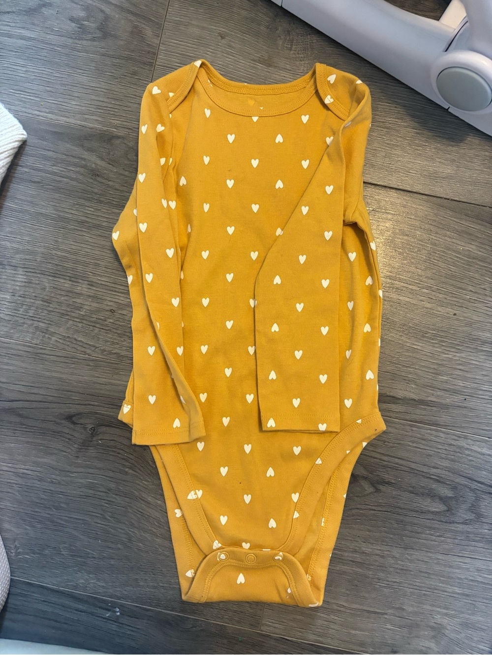 Mustard Heart Print Long-Sleeve Baby One-Piece
